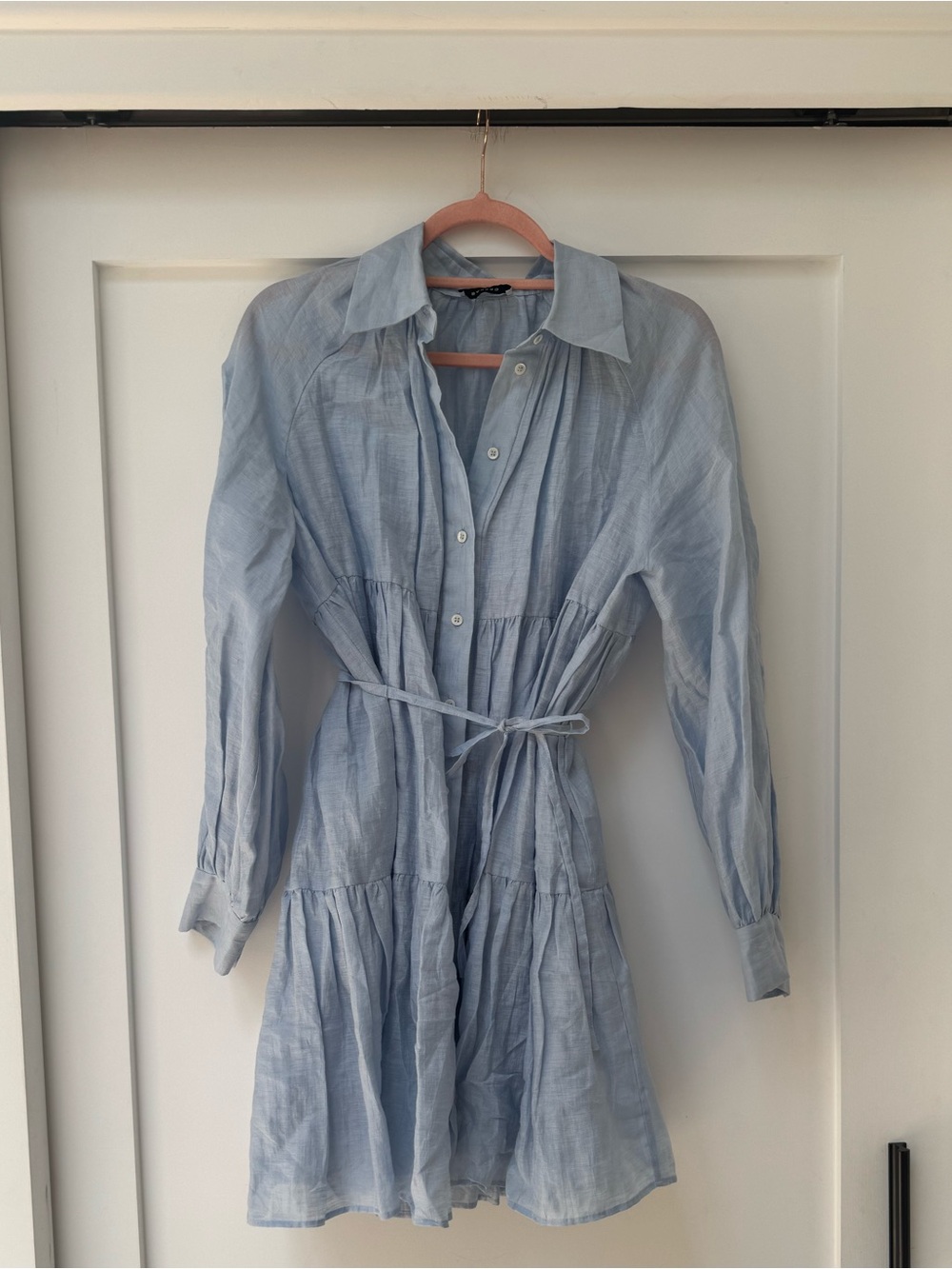 Sandro Light Blue Button-Front Tiered Long-Sleeve Shirt Dress